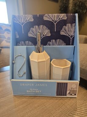 New Draper James Cream Bath Set with Soap Dispenser & Tumbler, Shoer Curtain